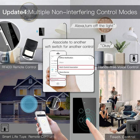 WiFi Smart Wall Light Switch With Glass Panel 3 Way Multi Control 2.4GHz Touch Switches Neutral Wire Required Remote Control Via Smart Life Tuya App Works With Alexa And Google Home Black 4 Gang multiple control modes