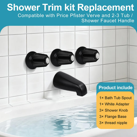 Matte Black 3 Piece Shower Knob And Tub Spout Kit For Tub Shower Faucets With Hot Cold Diverter Handles installed on tiles