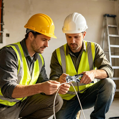 Two electricians in safety vests using Heavy Duty Wire Stripper Tool Combo Set With Grip Pliers for electrical repairs.
