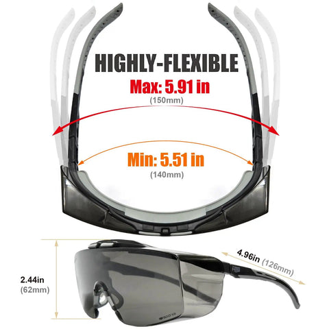 OTG Safety Goggles For Glasses Wearers With Smoke Tint Anti Fog Lenses UV400 Protection Impact Resistant Design showing flexible arms
