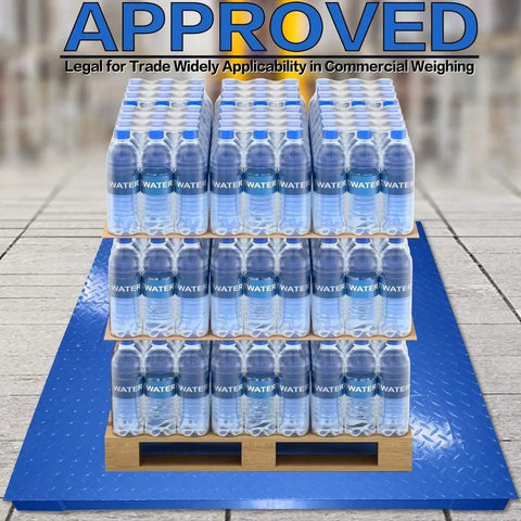 Heavy Duty Digital Floor Scale 48X72 Inch Pallet Weight Platform With Rapid Digital Indicator displaying bottled water on a pallet.