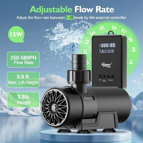 Workhorse Amphibious Water Pump With Controller, 15W adjustable flow displayed with flow rate and lift height details