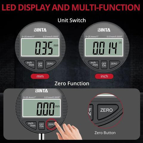Pro Grade Digital Dial Indicator 1 Inch With 0.0005 Inch Resolution showing unit switch and zero function on LCD readout