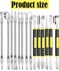 14 Piece Stainless Steel Dual End Spudger Pry Tool Kit For Pro Repairs On Phones Laptops Tablets Smartwatches And Digital Appliances With Versatile Dual End Crowbar Openers For Safe Precise Openings displayed with size measurements.