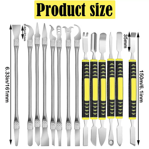 14 Piece Stainless Steel Dual End Spudger Pry Tool Kit For Pro Repairs On Phones Laptops Tablets Smartwatches And Digital Appliances With Versatile Dual End Crowbar Openers For Safe Precise Openings displayed with size measurements.