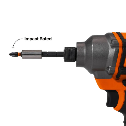 Impact rated close-up showing 8-In-1 Stubby Screwdriver With Magnetic Handle, displaying an installed bit on the adjustable blade.