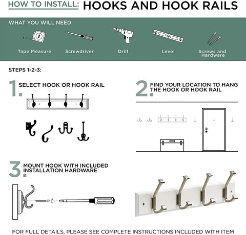 Infographic showing installation steps for Ruavista Single Coat And Hat Hook In Venetian Bronze With Copper Highlights