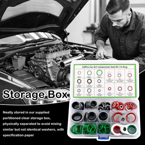 Multi Size O Ring Kit For Car AC Repairs 139 Piece Set With 85 Washers And 54 Rubber Gaskets in storage box by mechanic