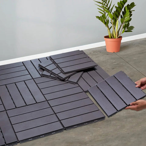 Durable No Fuss Easy Snap Interlocking Deck Tiles 27 Pack Outdoor Flooring 12x12 Weatherproof Patio Tiles in use on patio