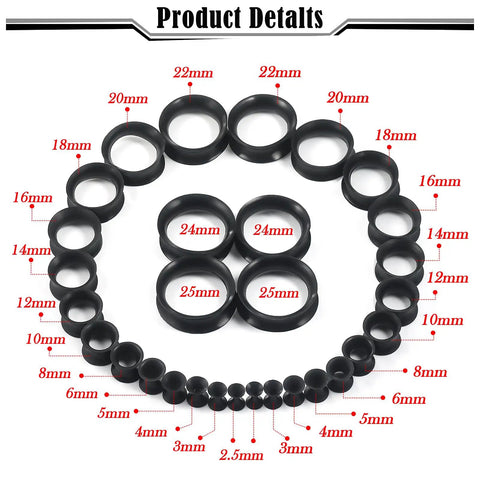 All In One Black Silicone Ear Gauges Kit For Stretching Ears With 15 Sizes From 10G To 25mm, arranged in size order
