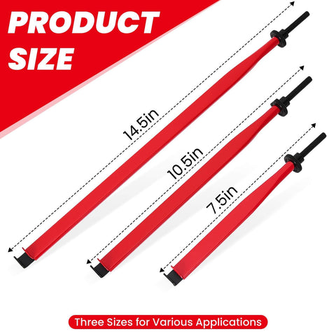 Long Reach Extension Clamp Tool Set For Tight Spaces Grip Nuts Bolts And Hose Clamps In Narrow Gaps Like A Pro Perfect For Auto Engines HVAC Systems And Plumbing Red Tri Pack Includes 7.5 Inch 10.5 Inch And 14.5 Inch Extensions shown in three different sizes.