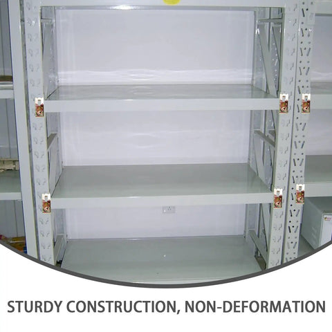 Teardrop Pallet Rack Safety Clips Set on metal shelving, sturdy heavy duty carbon steel, galvanized, for secure pallet racking.