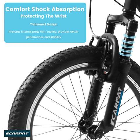 Front suspension fork of Kids Mountain Bike 20 Inch With 7 Speed Drivetrain, Front Suspension Fork And Disc Brakes, Easy To Ride For Ages 5 10.