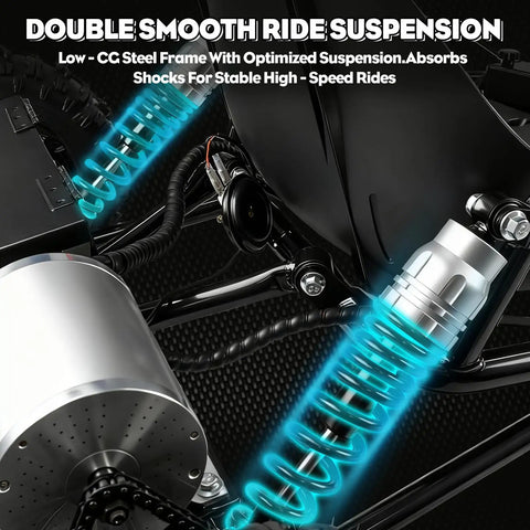 Close-up of Electric Go Kart For Adults And Kids With 2100W Motor suspension and shocks highlighting smooth ride and steel frame