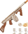 3D Wooden Puzzle Kit For Adults 275 Pieces Submachine Shooter with rubber bands, showing detailed design and firing setup.