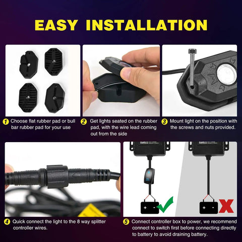 RGB LED Rock Lights Kit With 4 Pods Underglow Neon Lights Bluetooth App Control Music Mode installation instructions