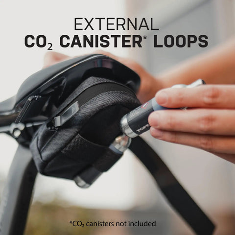 Close-up of Elementa Seatbag M Under-Saddle Bike Bag 0.5 Liter with CO₂ cartridge storage loop