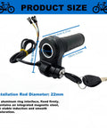 Full Twist Ebike Throttle Grip For Q20 Systems 3 Pin Waterproof Controller With 2 Keys, showing size specifications and plug details.