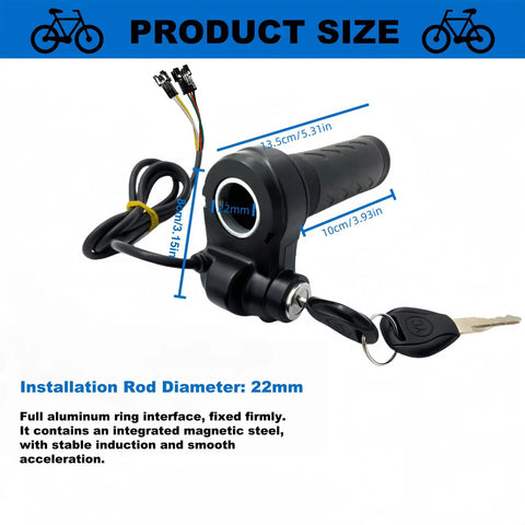 Full Twist Ebike Throttle Grip For Q20 Systems 3 Pin Waterproof Controller With 2 Keys, showing size specifications and plug details.