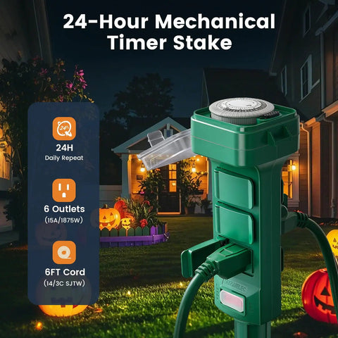 Heavy Duty Outdoor Power Stake Timer With Six Weather Resistant Outlets Mechanical Dial Schedule Keeper For Pond Pumps And Yard Gear in a yard setting.