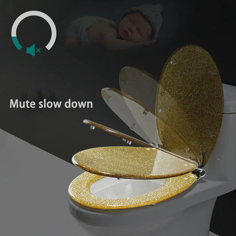 Smooth Ride Silver Foil Glitter Toilet Seat With Soft Close Hinges And Quick Release Mounting For Standard Elongated Bowls open on toilet.
