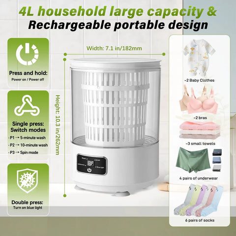 Straight Up Must Have 4 Liter Semi Automatic Mini Washing Machine With Blue Light Sanitizing And Rapid Spin Cycle For Fresh Underwear Socks Travel Camping Dorm Laundry And Tight Spaces in a compact design showcasing capacity settings.