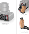 L-Shape Bracket Wooden Grip With Cold Shoe For Sony ZV1 Digital Camera showing ergonomic wooden handgrip and strap slot.