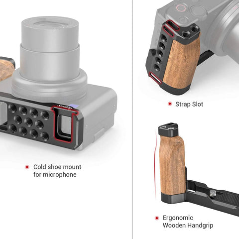 L-Shape Bracket Wooden Grip With Cold Shoe For Sony ZV1 Digital Camera showing ergonomic wooden handgrip and strap slot.