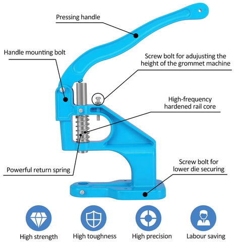 Heavy Duty Hand Press Grommet Machine Kit With 5 Dies And 300 Grommets And Eyelet Punch Tool Durable Aluminum Body Portable