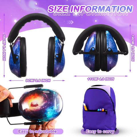Kids And Adults Noise Reduction Ear Muffs 27dB Noise Cancelling Hearing Protection Headphones Universal Fit Starry Sky Style Bulk Pack Of 12 Great For Fireworks Concerts Travel Yard Work And Shooting Range Practice shown with size dimensions and galaxy design