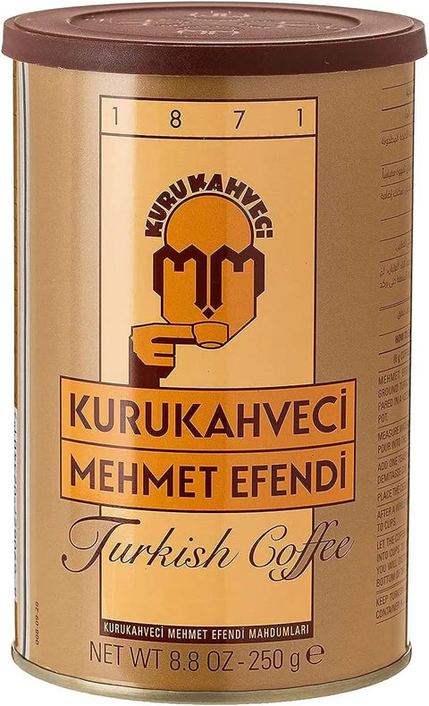 Can of Authentic Turkish Coffee From Mehmet Efendi Tradition, 100 Percent Arabica Ground Extra Fine For Cezve, 250g