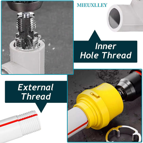 Electric Drill PVC Pipe Threader Kit With Multiple Die Sizes For Internal And External Threading PVC Threader Set in use