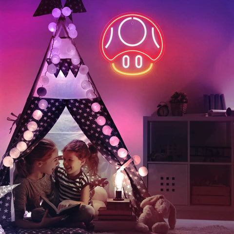 Mushroom Neon Sign For Gaming Room Decor Red LED Wall Light glowing above kids' tent in playroom, creating a fun ambiance
