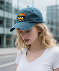 Im Sexy And I Tow It Vintage Camping RV Camper Truck Hat For Men; woman wearing blue cap in urban setting.
