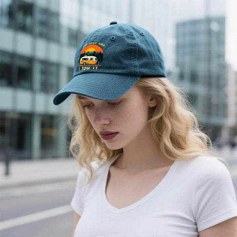 Im Sexy And I Tow It Vintage Camping RV Camper Truck Hat For Men; woman wearing blue cap in urban setting.