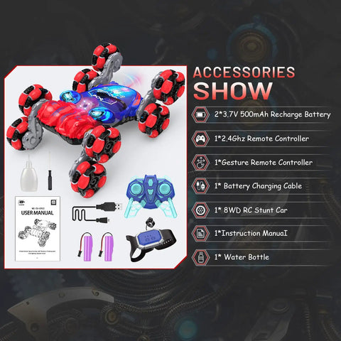 Image of 8WD Gesture Sensing RC Car with spray lights, accessories including remote, batteries, and instruction manual shown in detail.