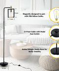 6006 Floor Lamp Black Edition with E26 bulb, foot switch, stable base, shown beside sofa in living room setup.