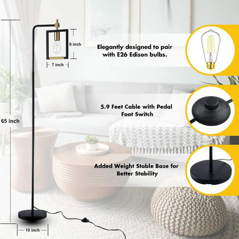 6006 Floor Lamp Black Edition with E26 bulb, foot switch, stable base, shown beside sofa in living room setup.