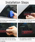 Installation steps for Fuck It Edition 3D Car Emblem Badge Exterior Sticker Decal on car window, showing cleaning and application process.