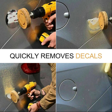4 Inch Decal Remover Eraser Wheel Kit With Drill Attachment removing decals from a car surface in action.