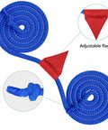 Epic Tug Of War Rope 25Ft With Flag For Outdoor Fun For Kids And Adults, coiled blue rope with red adjustable flag and knotted ends.