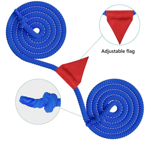 Epic Tug Of War Rope 25Ft With Flag For Outdoor Fun For Kids And Adults, coiled blue rope with red adjustable flag and knotted ends.