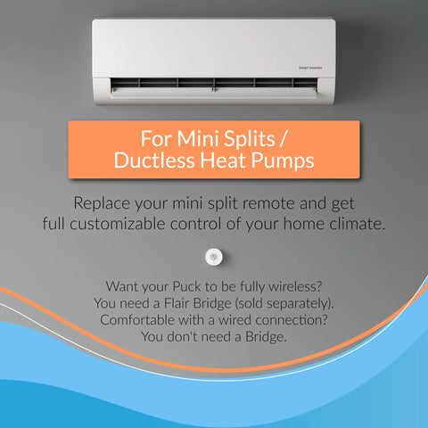 Image of a mini split above a Puck Wireless Smart Thermostat For Smart Vents And Mini Splits against a gray wall.