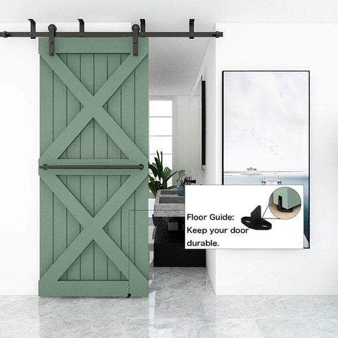 9 Ft Ceiling Mount Sliding Barn Door Hardware Kit For 54 Inch Wide Single Wood Door Built Tough Steel Smooth And Quiet Operation Easy Install 220 Lbs Weight Capacity Includes Rails L Brackets And Rollers shown installed on a green door in a modern room