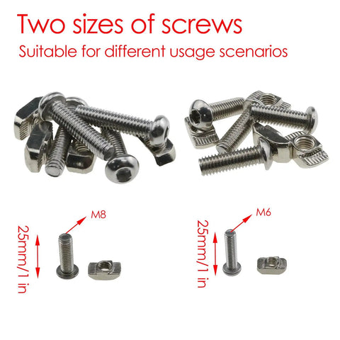 M6 and M8 screws with nuts for Heavy Duty Industrial Pull Handle Kit For 3030 And 4040 Aluminum Extrusion Systems, two sizes shown.