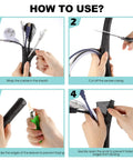 Steps to use 2 Pack 5 Foot Cable Sleeve For Desk Cord Management And Wire Hider Tubing, cutting and sealing flexible black cable cover.