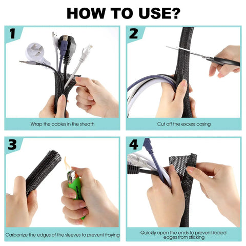 Steps to use 2 Pack 5 Foot Cable Sleeve For Desk Cord Management And Wire Hider Tubing, cutting and sealing flexible black cable cover.