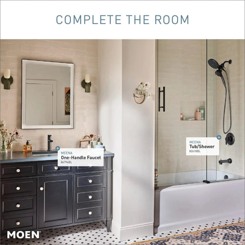 Bathroom with Matte Black Modern Shower Faucet Set With Hand Shower And Tub Spout, Single Handle, Easy Clean Finish.