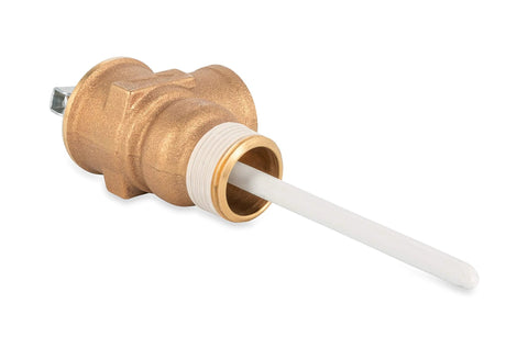 Brass automatic temperature and pressure relief valve with extension probe; white probe, side view
