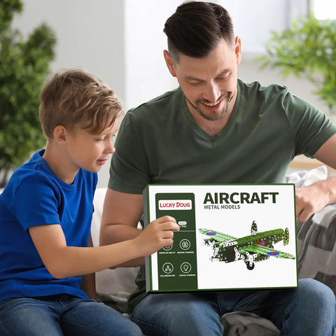 Father and son with STEM Airplane Building Kit With 389 Pieces For Kids Ages 8 To 12 Learn To Assemble A Realistic Model Plane